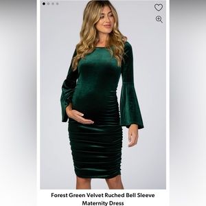 Pink Blush Maternity- Forest Green Velvet Ruched Bell Sleeve Maternity Dress